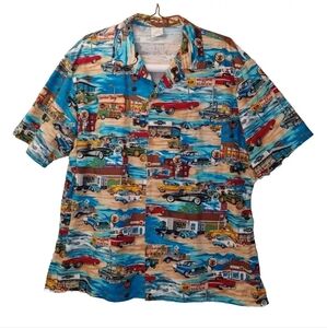 Retro Hawaiian Shirt Men XL Ray Service Station Diner Classic Cars Seaview Diner